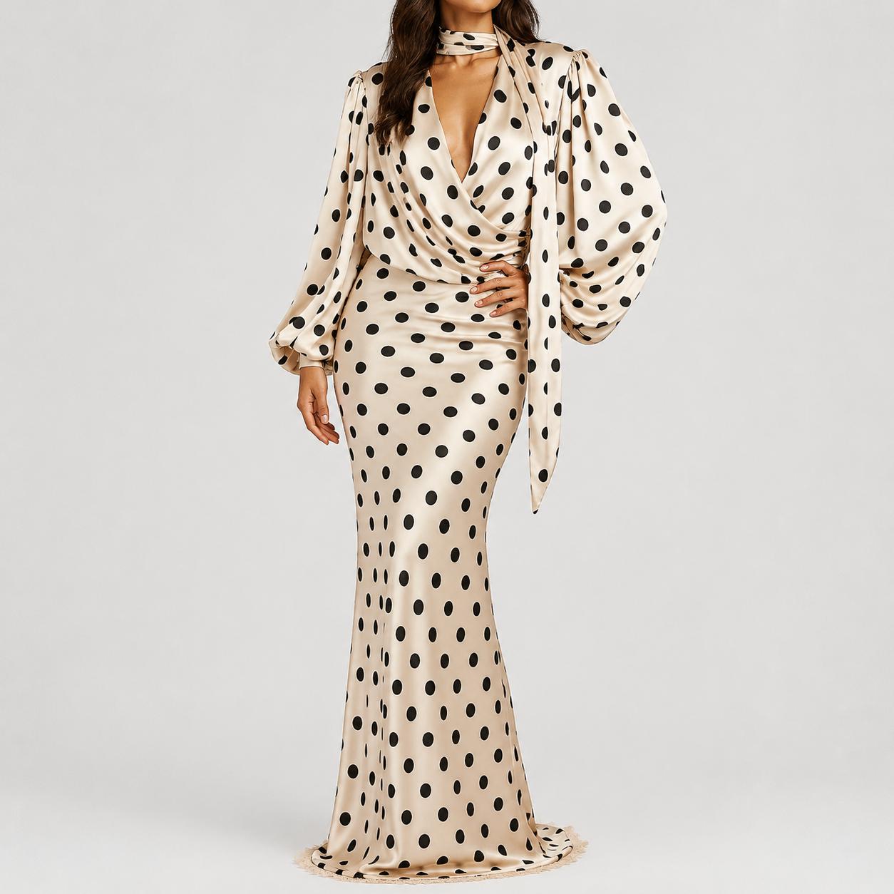 Satin Sash Dot Maxi Dress