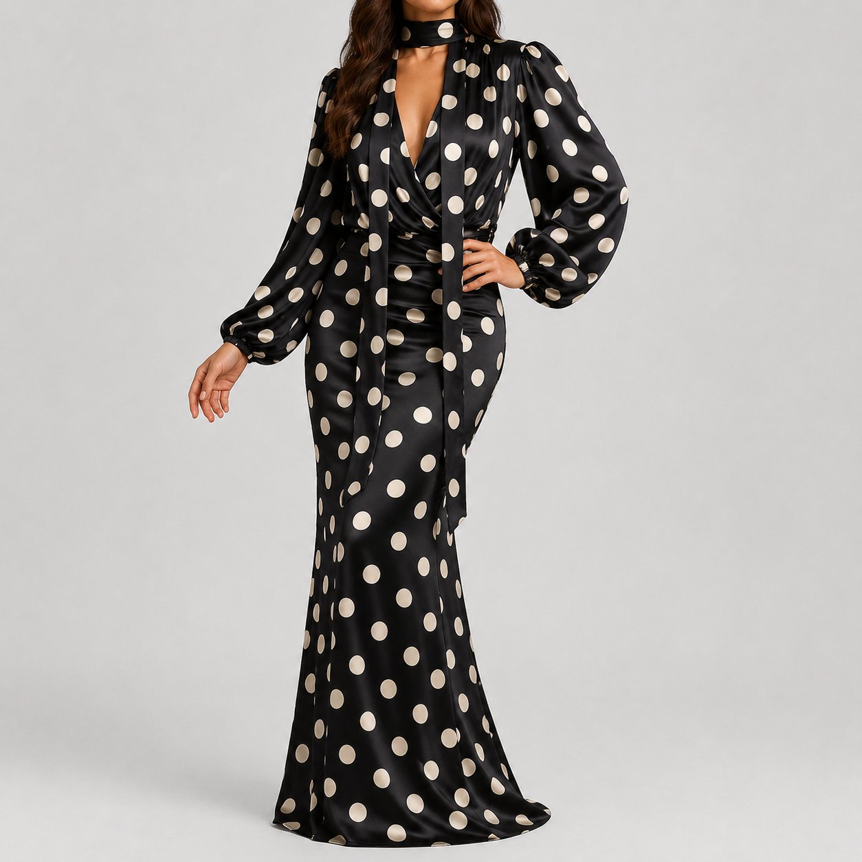 Satin Sash Dot Maxi Dress
