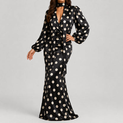 Satin Sash Dot Maxi Dress