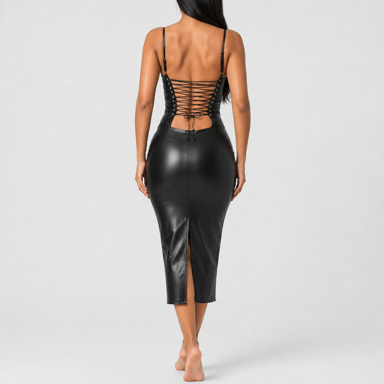 Lace-Up Leather Midi Dress