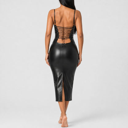 Lace-Up Leather Midi Dress