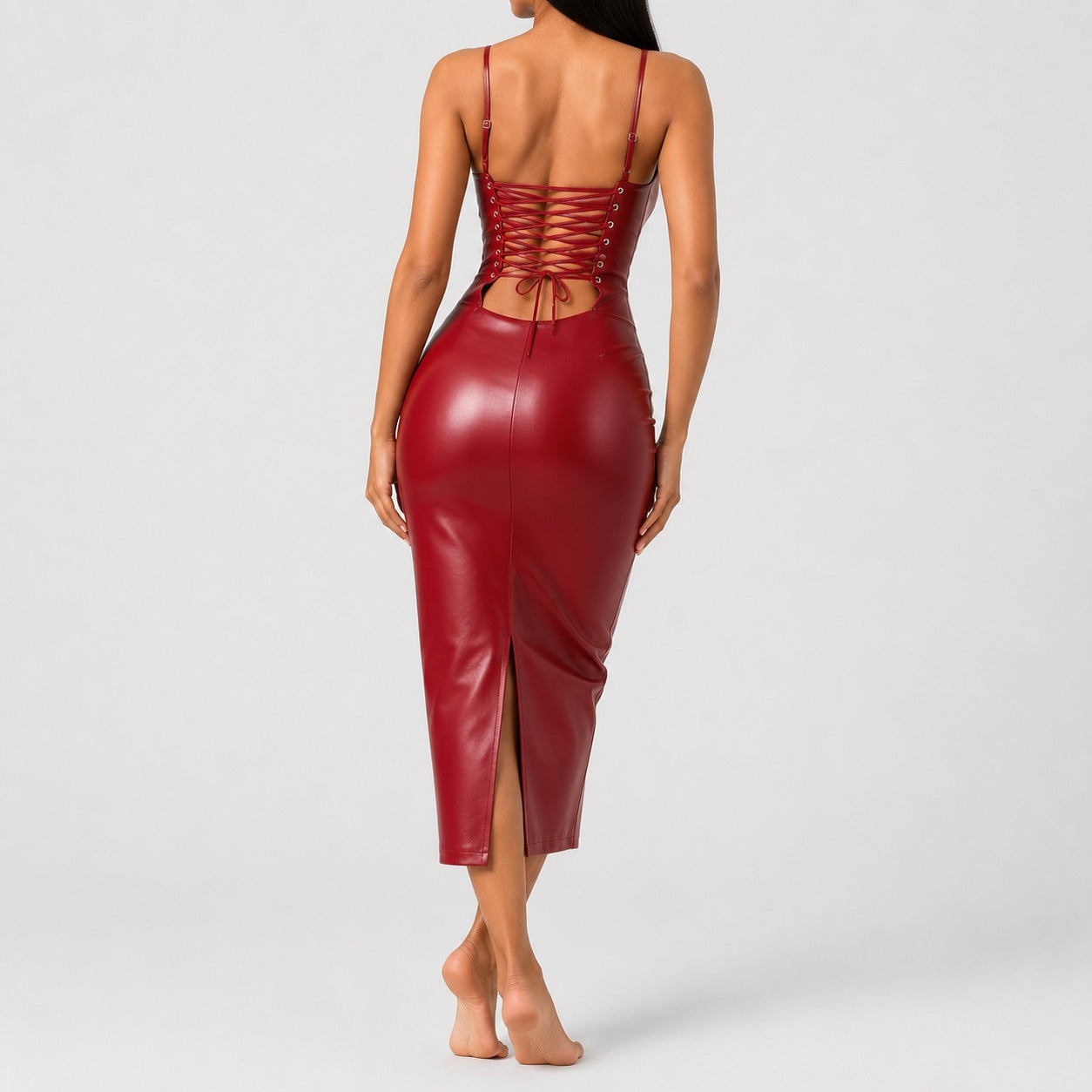 Lace-Up Leather Midi Dress