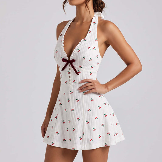 Cherry Bow Halter Mini Dress